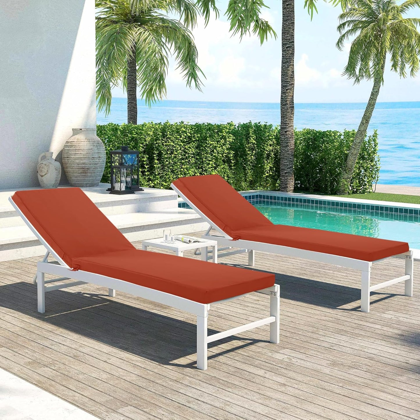 Chaise Lounge Cushions Outdoor Set of 2 - Waterproof and Fade Resistant Sun Lounger Replacement Cushions - Patio Lounger Pads with Removable Cover for Pool, Deck, 72 x 21 x 3 Inch, Rust
