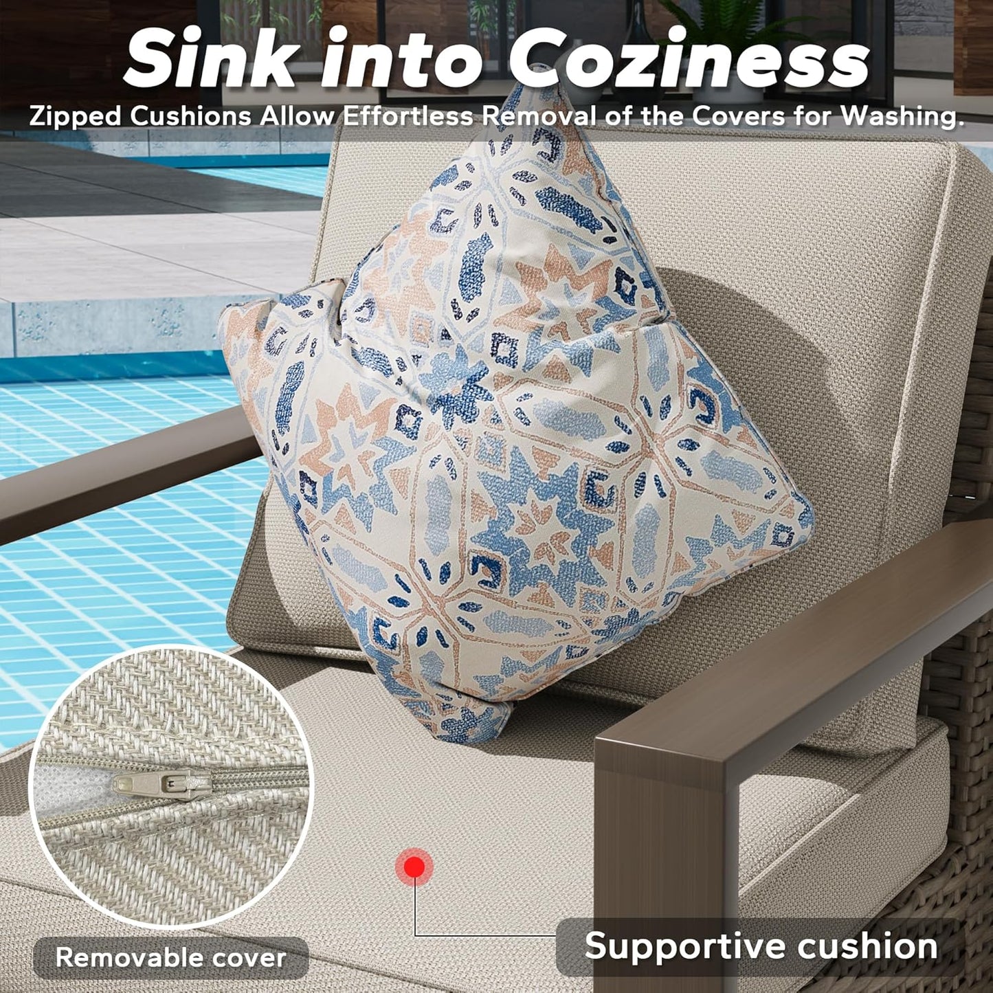 Outdoor Swivel Rocker Metal Chairs Set of 2 with Small Coffee Table - 3 Pieces Patio Bistro Set with Rectangular Framed Wood-Looking Metal Armrest, 360 Degree Glider Chairs, Beige