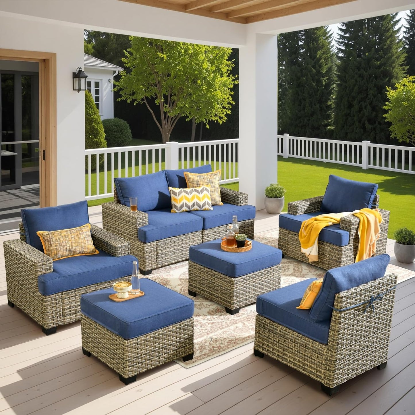 HOOOWOOO Outdoor Sectional Patio Furniture Set,7 Pieces Wicker Conversation Sets,Extra Deep Out Door Sofa Outside Furniture Couch with Ottoman,Denim Blue