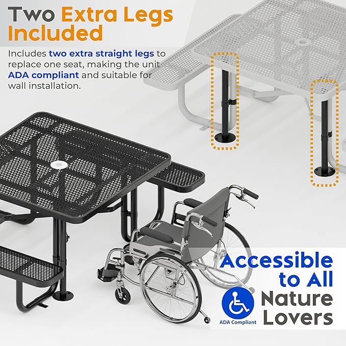 Metal Picnic Tables for Outdoors with Umbrella Hole - Coated Steel Heavy Duty Commercial Grade Table with Adjustable Seats (Black, 46 in, Square, Expanded Steel)