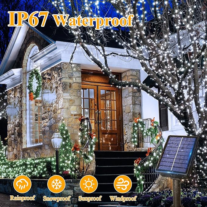 Ollny Solar String Lights Outdoor, 2 Pack Total 198FT 600LED Solar Fairy Lights, 8 Modes IP67 Waterproof for Outside Yard Garden Patio Xmas Party, Cool White