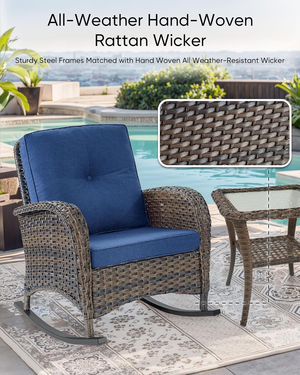 HUMMUH 3-Piece Outdoor Rocking Chairs,All-Weather PE Wicker Patio Rocker Chairs Bistro Set with Side Table,Porch Balcony Furniture with Cushions