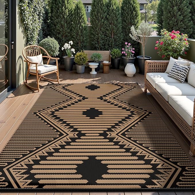 MontVoo Outdoor Rug-Waterproof Patio Rug Mat 5x8 Outdoor Carpet Mat Reversible Plastic Straw Outside Outdoor Rug for RV Camping Picnic Balcony Backyard Pool Deck Porch Modern Boho Black Brown