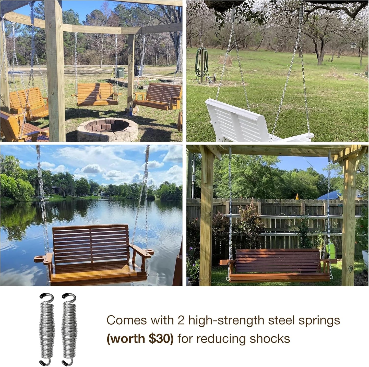 Wooden Porch Swing 2-Seater, High Backrest and Deep Seat, Bench Swing with Cupholders, Hanging Chains and 7mm Springs, Heavy Duty 880 LBS, for Outdoor Patio Garden (Deep Brown, 4.5 feet Extra-Large)