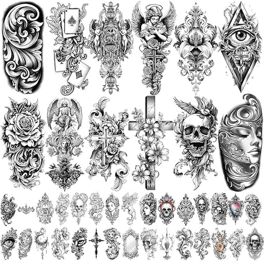 47 Sheets Baroque Temporary Tattoo for Women Men, 17 Sheets Half Arm Large Cross Skull Poker Angels Fake Tattoos, 30 Sheets Lion Flowers Tiny for Adult Kids Body Tattoos Stickers Realistic