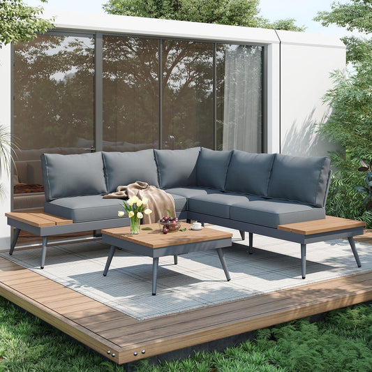 Outdoor V-Shaped 4-Piece Alum Patio Sofa Set, L-Shaped Conversation Set with Coffee Table, Aluminum Frame, Faux Wood, Outdoor Sectional Sofa Set for Garden