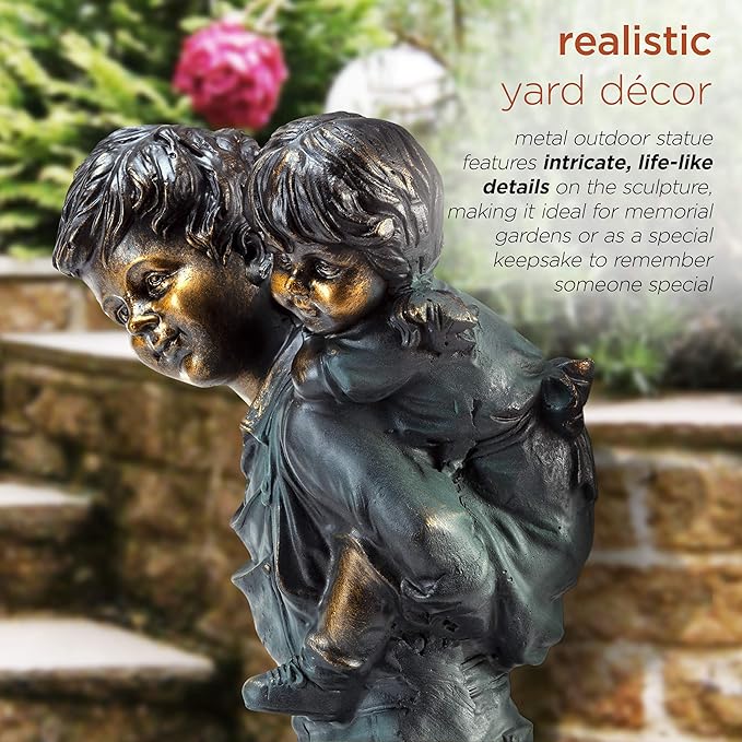 Alpine Corporation 16" Tall Indoor/Outdoor Patina Finish Piggyback Kids Yard Statue Decoration