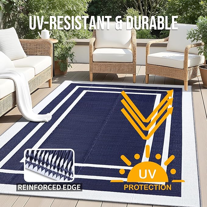 OLANLY Outdoor Rug 5x8 ft Waterproof, Reversible Outdoor Plastic Straw Rug, RV Mat, Indoor Outdoor Carpet Clearance for Patio, Camping, Balcony, Deck, Backyard, Navy & White