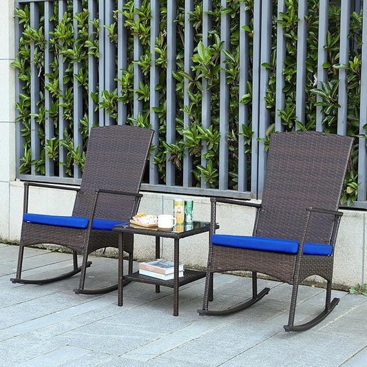 Outdoor Rocking Chairs Set - 3 High-Backed Patio Rockers with Bistro Table & Anti-Slip Cushions, Dark Blue