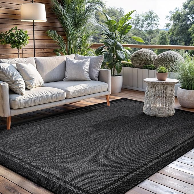 CAMILSON Indoor Outdoor Rug, 9x12 Bordered Dark Grey Black Modern Large Area Rugs for Indoor and Outdoor Patios, Kitchen and Hallway Mats, Washable Porch Deck Outside Carpet (Bordered Black, 9 x 12)