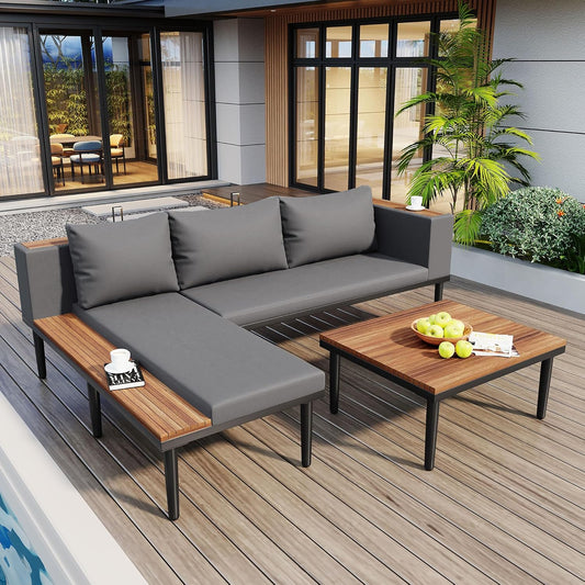 Acacia Wood Patio Furniture Set, Luxury Outdoor Conversation Sectional Sofa with Removable Cushions and Coffee Table, Side Table, L-Shaped Sofa Set for Backyard, Porch (Gray/17)