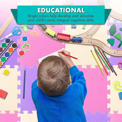 ProSource Foam Puzzle Floor Play Mat for Kids and Babies with Solid Colors, 36 or 16 Interlocking Tiles with Borders, Pink/Purple/Beige