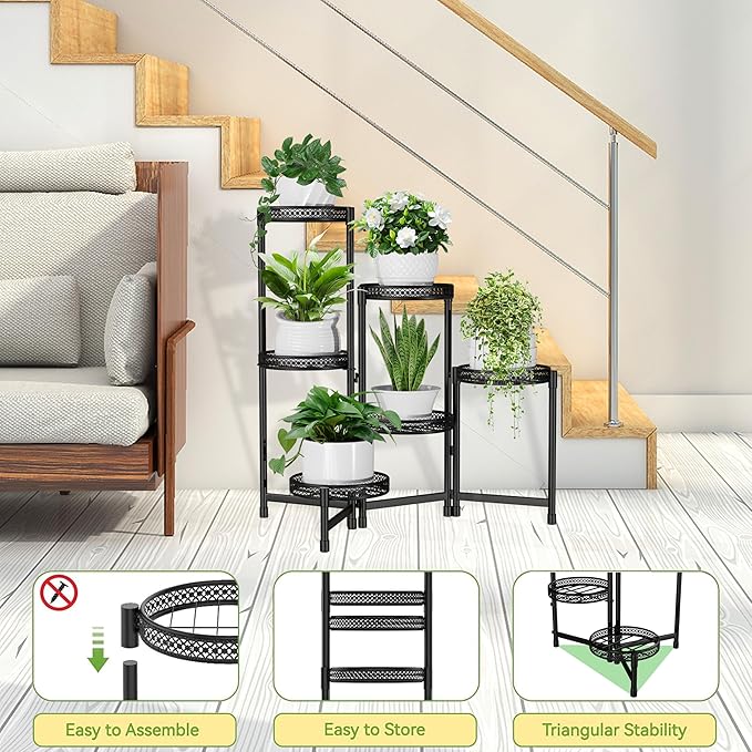 Metal Plant Stand Indoor 6 Tier Tall Corner Flower Stand Outdoor for Multiple Plants Folding Iron Flower Display Holders Rack Shelf Black (6 tier)