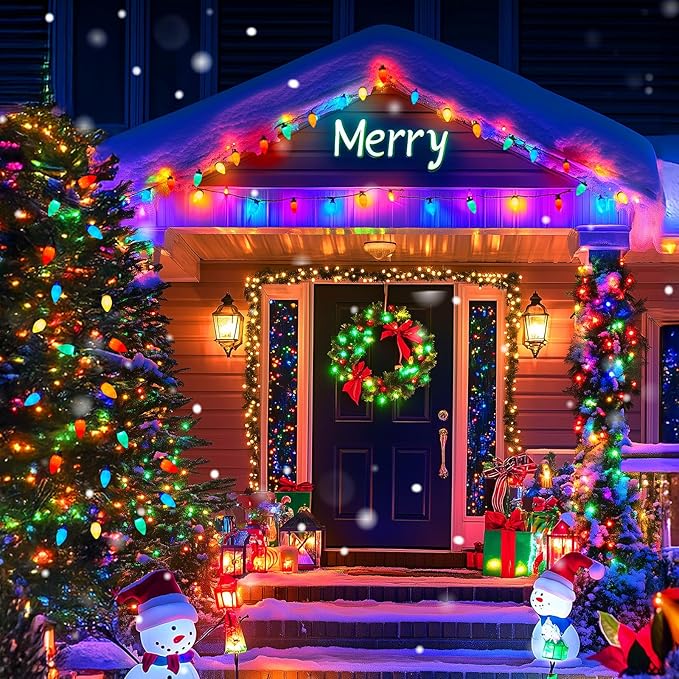 Brightown C9 LED Christmas String Lights, 66ft Multi-Color Outdoor Lights String with 100 Smooth Opaque Bulbs, Plug-in Vintage Roofline Lights String for Outside Patio Christmas Holiday Decor