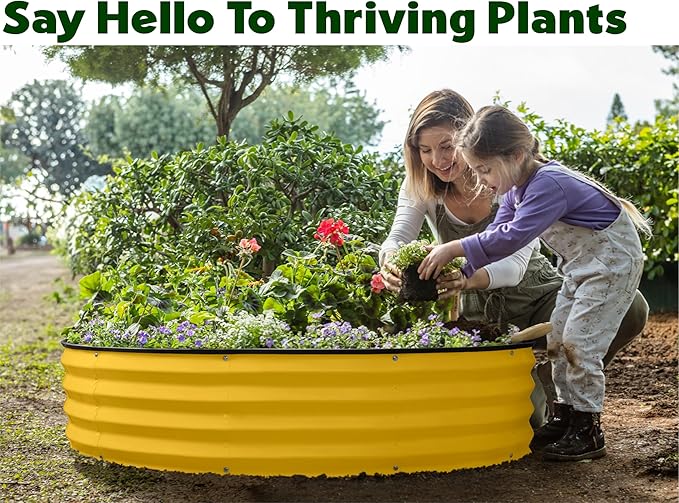 Round Galvanized Raised Garden Bed // 4×4×1 ft (2-Pack) Galvanized Raised Garden Beds Outdoor for Gardening, Vegetables, Flowers // Patented Tool-Free Design Round Planter (Yellow)