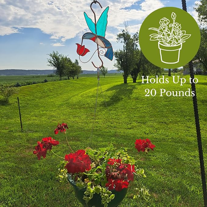 Stained Glass Window Plant Hanger - Hummingbird with Red Flower - Sun Catcher Plant Hook with Copper Hooks Top and Bottom for Indoor and Outdoor Use