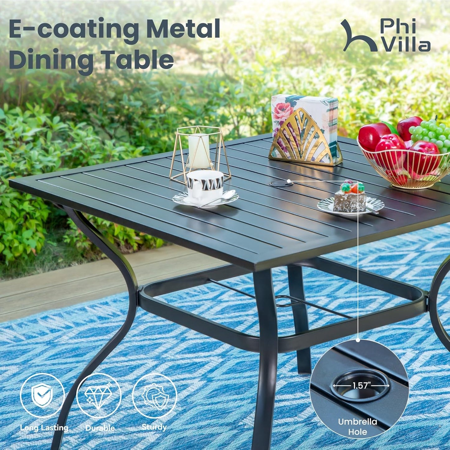 PHI VILLA Patio Table and Chairs Dining Set with Umbrella for 4, Outdoor Dining Set with 4 Swivel Patio Chairs, 1 Square Metal Dining Table and 10ft Navy Blue Large Patio Umbrella (No Umbrella Base)