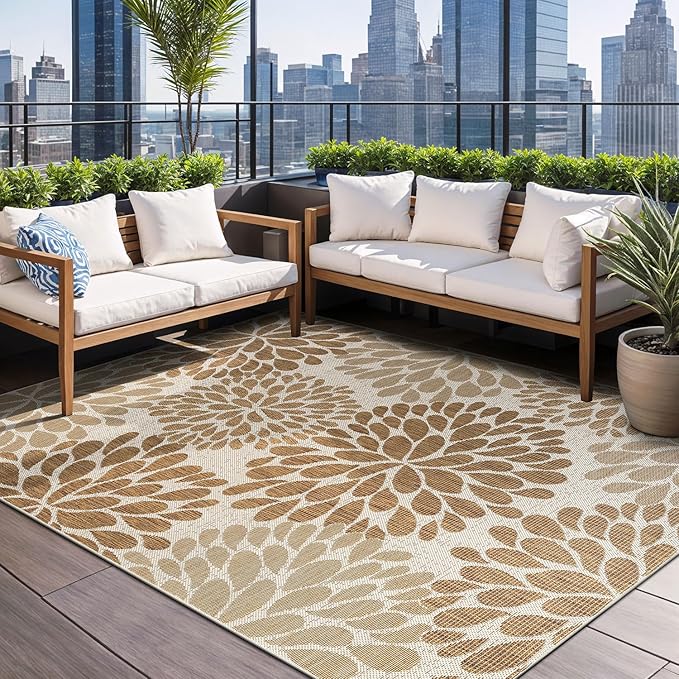 Beverly Rug Outdoor Rug 9x12 Modern Exotic Tropical Leaf Area Rugs for Indoor and Outdoor Patio Deck Porch Garden Water Resistant Washable Outside Carpet (9 x 12 Beige)