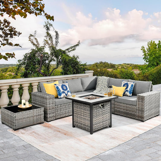 HOOOWOOO Modular Patio Outdoor Sectional Furniture Set with Gas Propane Fire Pit Table,7 Piece Wicker Conversation Sofa Set,Out Door Couch Set with Wide Arm Outside(Dark Grey)