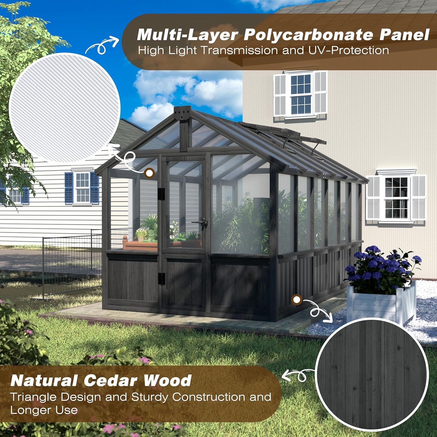BlueWish 6x12FT Greenhouse, Greenhouse for Outdoor with Cedar Frame, Adjustable Vent, Wood Greenhouses with Polycarbonate Panel, Green House for Outside, Garden, Backyard, Black