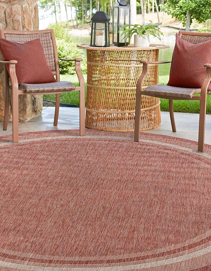 Unique Loom Outdoor Border Collection Area Rug - Soft Border (13'Round, Rust Red/ Ivory)