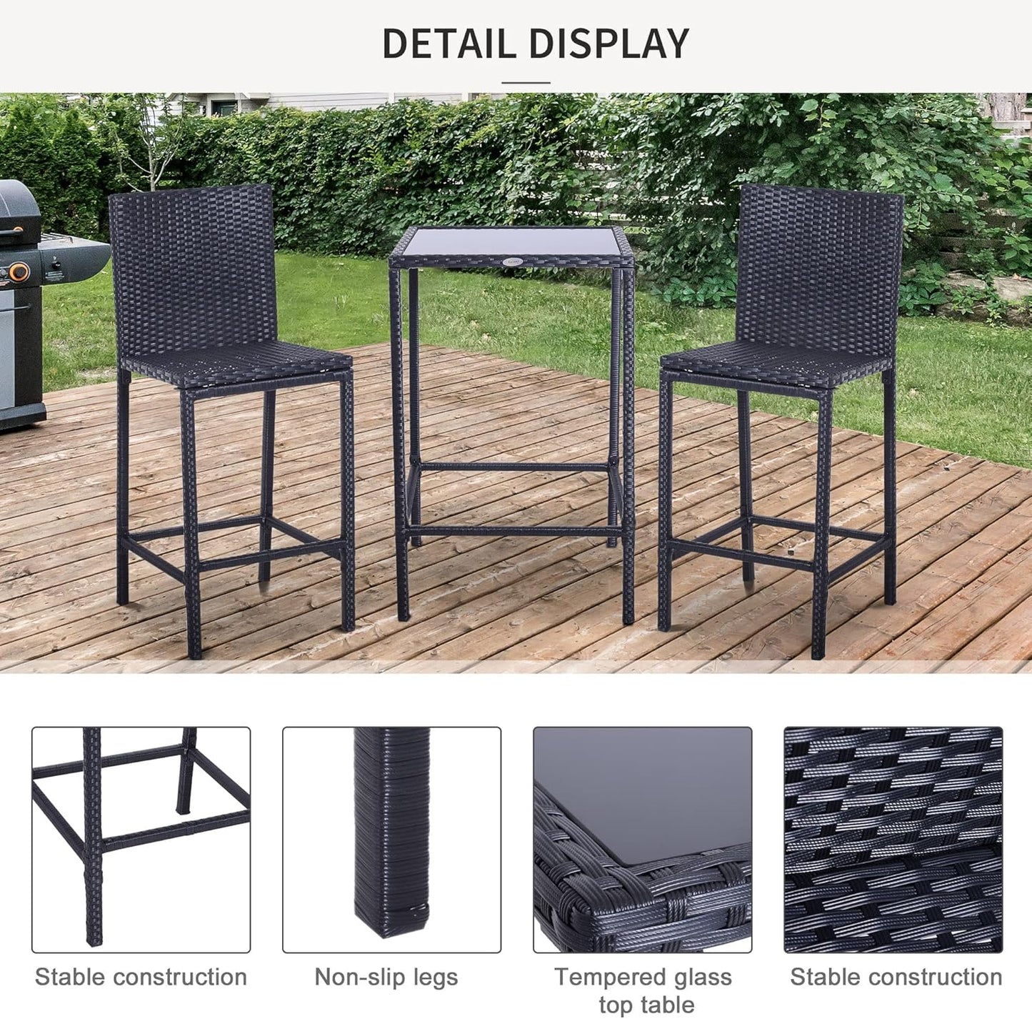 Outsunny 3pcs Rattan Bar Set with Glass Top Table, 2 Bar Stools for Outdoor, Patio, Garden, Poolside, Backyard