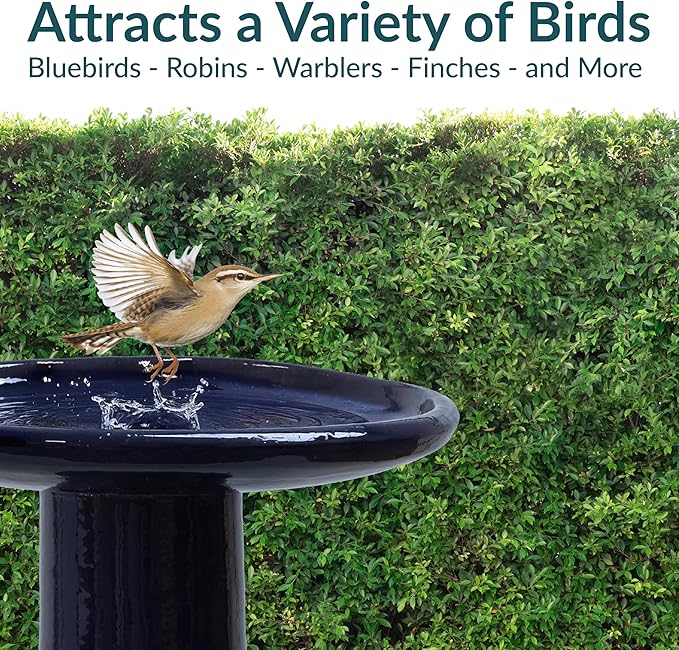 Sunnydaze 21" H Ceramic Bird Bath for Outside - Hand-Painted Outdoor Bird Bath Bowl, UV/Frost-Resistant Finish - Dark Blue - Cut Out Pedestal