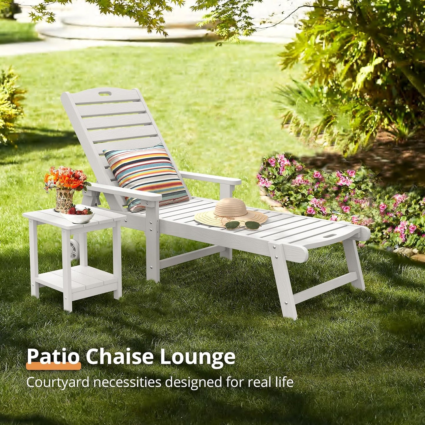 LUE BONA Chaise Lounge Chair with Table, 2-Piece, 79'' Oversized HDPS Chaise Lounger, 5 Positions Adjustable Lounge Chairs, Pool Lounge Chair with Wheels for Poolside, Backyard, 3 Year Warranty, White