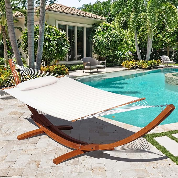 Lazy Daze 12 FT Sunbrella Quilted Double Hammock with Hardwood Spreader Bar, 450 lbs Capacity, Cream