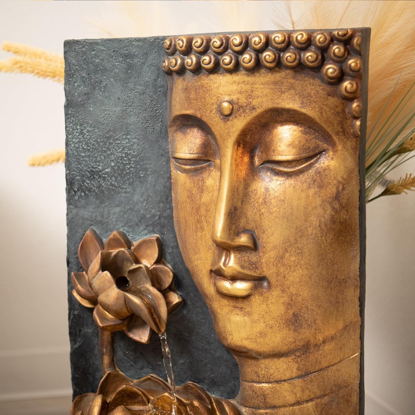 XBrand 30" H Zen Buddha Face Water Fountain w/LED Light & Pump, Indoor/Outdoor Freestanding, Relaxing Zen Décor, Bronze and Natural Grey Polyresin Fountain for Home Patio Garden Backyard