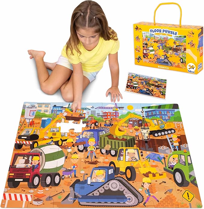 BONNYCO Giant Floor Puzzles for Kids of Construction Site with 48 Large Pieces. Jumbo Puzzle 36.2 x 24.4 in, Gifts for Boys and Girls, Educational Kids Toys Ages 2-8