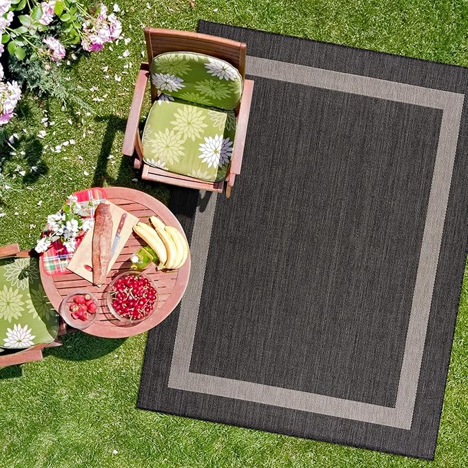 CAMILSON Outdoor Rug 8x10,Modern Outside Rugs for Patios Porches Waterproof Durable Washable Non-Shedding, Easy-to-Clean Indoor Outdoor Area Carpet (8 x 10, Bordered - Dark Gray/Light Gray)