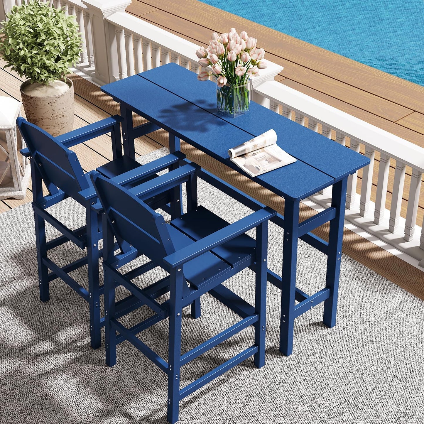 Bar Height Patio Table and Chairs Set, HDPE Outdoor Adirondack Bar Chairs and Table, All-Weather Patio Furniture for Poolside, Backyard, Garden, High Top Patio Bar Set (Navy Blue, 3-Piece)