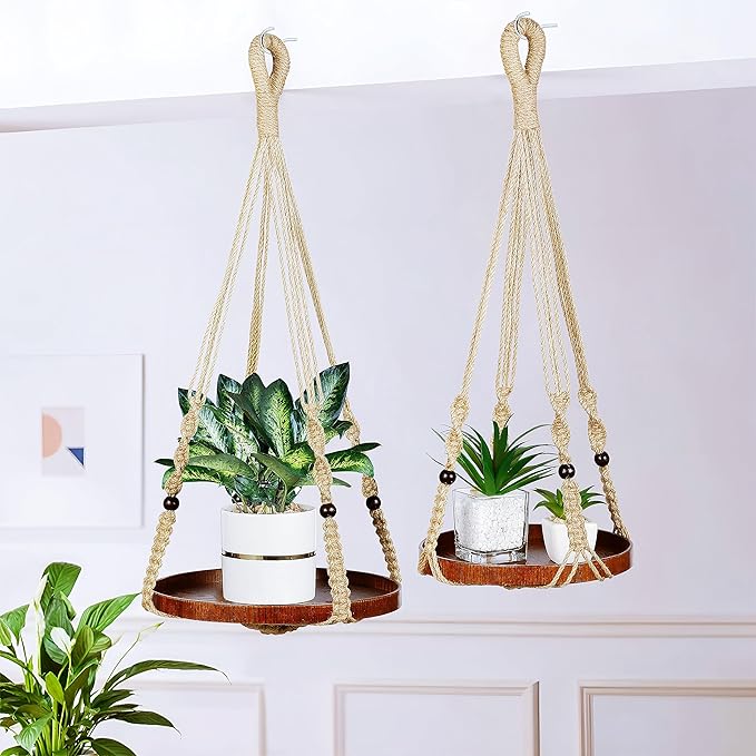 2 Pack Macrame Plant Hanger | Plant Hanger Indoor, Hanging Planter Shelf | Hanging Planter (Jute) (1 Large + 1 Medium)