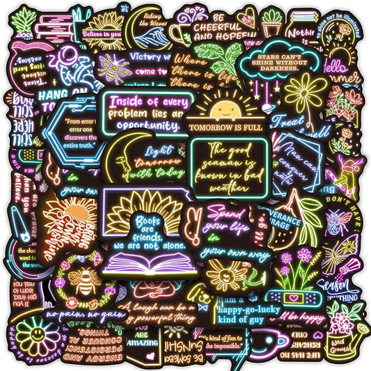 50 Pcs Inspirational Quotes Stickers for Kids, Neon Sticker for Water Bottle, Vinyl Waterproof Laptop Decals for Teens Girls Boys, Students Adults Sticker Pack