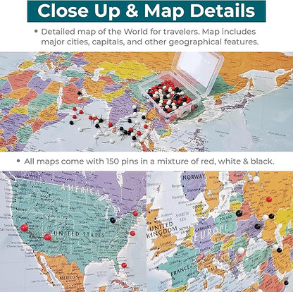 Push Pin Travel Maps - Customizable Blue Oceans World with Solid Wood Brown Frame- 27.5" x 39.5" - 8 Handcrafted Frame Options - Made in USA - Ideal for Adventurous Travelers