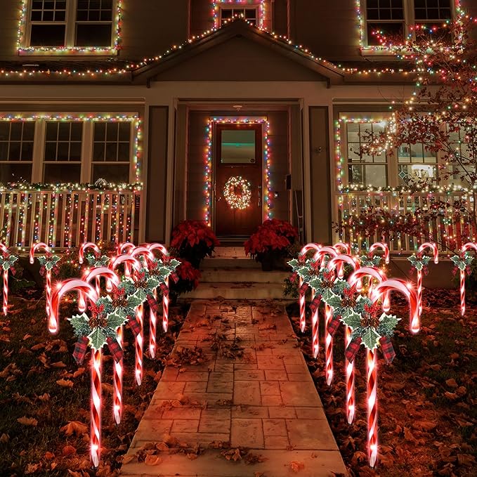 Hiboom Christmas Candy Cane Lights, 10 Pcs 21 Inch Pathway Markers Lights with Stakes, Christmas Driveway Lights End to End Connected for Xmas Holiday Party Walkway Patio Garden Decor (Red and White)