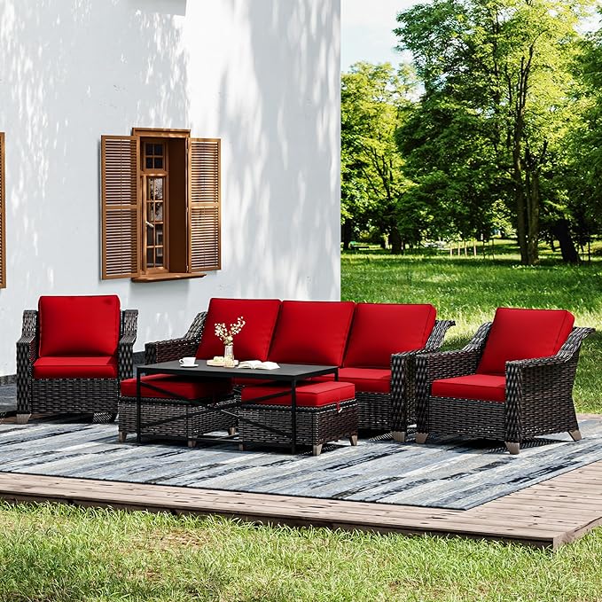 Joyside Wicker Patio Furniture Sets, 6 Pieces Upgraded Large Size Outdoor Furniture with Patio Dining Chairs, 3-Seat Sofa and Outdoor Ottoman, Thick Cushions, Wide Armrest