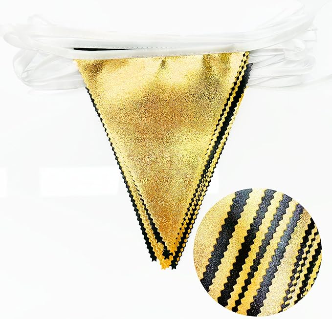 Black and Gold Party Decorations Triangle Pennant Banner Flag Metallic Fabric Bunting Garland for Birthday Graduation Anniversary Wedding Bachelorette Bridal Shower Engagement Hen Party Supplies