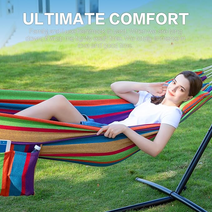 PNAEUT Double Hammocks with Stand for Outside, Portable Space Saving Heavy-Duty Steel Stand for Indoor Outdoor Patio with Carrying Bag, 450 lbs Capacity (Tropical)