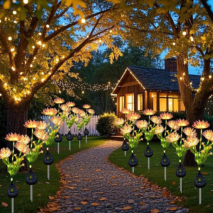 Solar Flower Lights for Garden Decor, 4Pack Pink Flowers with Green Stems, Solar Panel and Stake, Waterproof Solar Plant Lights for Outdoor Yard, Lawn, Path Decorations