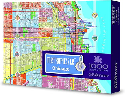 GeoToys Metropuzzle, Chicago Jigsaw Puzzles 1000 Pieces - 27 x 19 Detailed Chicago Geography Puzzle, Challenging Adult Puzzle, Fun Puzzles for Adults, Map Poster Included for Adults