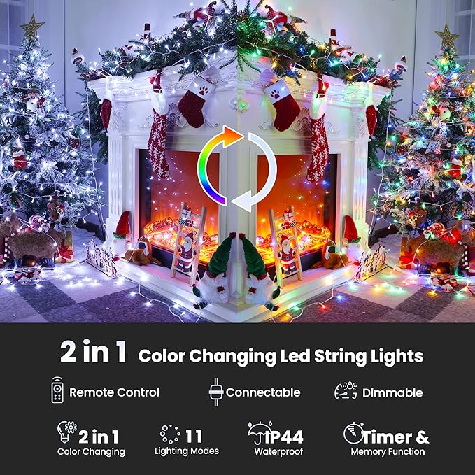 Color Changing Christmas Lights, 338ft 1000 LED White & Multicolor Christmas String Lights with Remote, 11 Modes Christmas Twinkle Lights Waterproof for Christmas Party, Garden, Xmas Tree Decorations