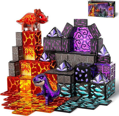 GobiDex Dinosaur Toys Magnetic Tiles Lava Cave Dinosaur World Set - Magnetic Blocks Building Toys for Kids 3-5 4-8, STEM Sensory Toddler Birthday Gifts for Boys Girls Age 3+ Year Old
