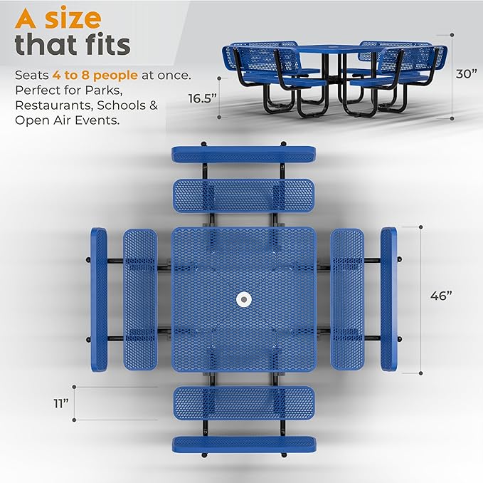 Metal Picnic Tables for Outdoors with Umbrella Hole - Coated Steel Heavy Duty Commercial Grade Table with Adjustable Seats (Blue, 46 in, Square with Back, Expanded Steel)