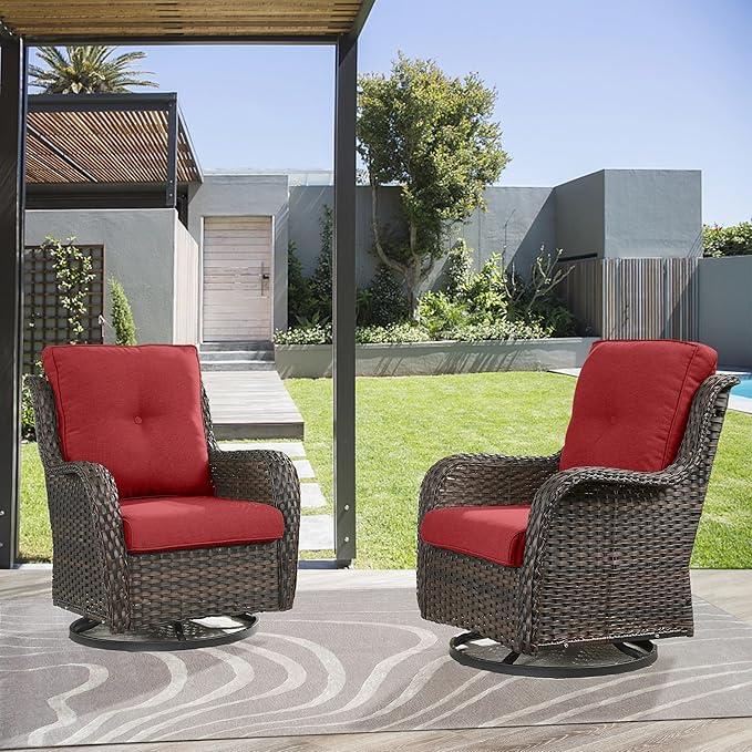 Outdoor Swivel Rocker Patio Chairs - 360 Degree Swivel Glider Seating Wicker Rocking Chairs Set of 2 with High Back Deep Seat for Porch Balcony Deck, Brown/Red