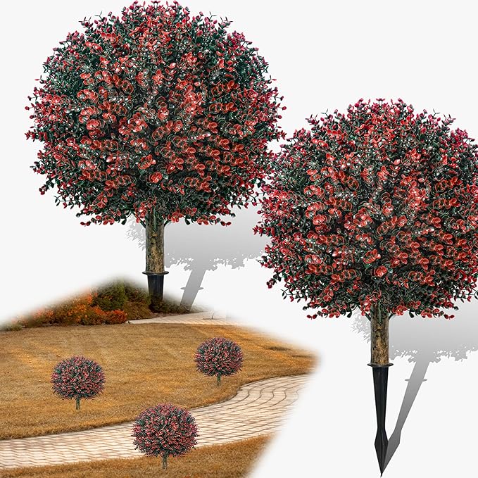 Fall Artificial Boxwood Topiary Ball Tree Bushes with Ground Spike, Set of 2 Outdoor Faux Shrub Topiary Ball, 24" UV Resistant Fake Boxwood Plants for Potted Planter,Indoor,Autumn