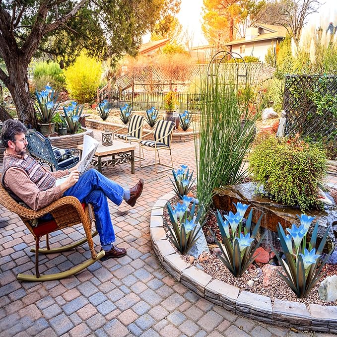 Homight Metal Agave Plants Outdoor Decor Mexican Yard Art Plants Garden Decor for Outside Metal Art Flowers Gifts for Butterflies Bees Birds for Gifts (2 Big&Lily)