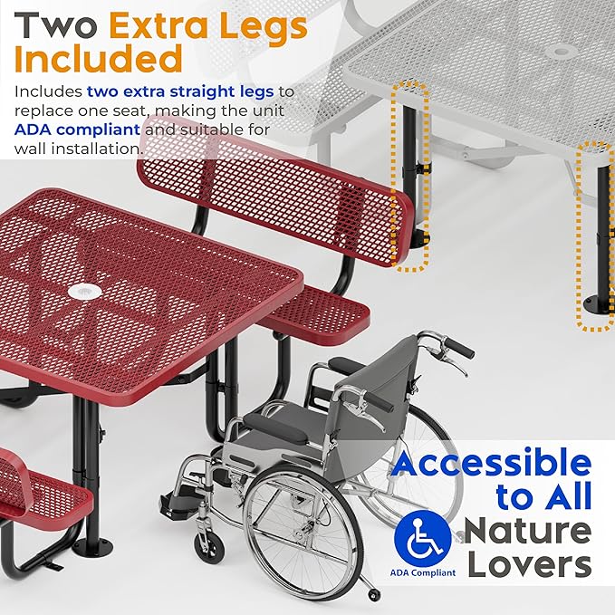 Metal Picnic Tables for Outdoors with Umbrella Hole - Coated Steel Heavy Duty Commercial Grade Table with Adjustable Seats (Red, 46 in, Square with Back, Expanded Steel)