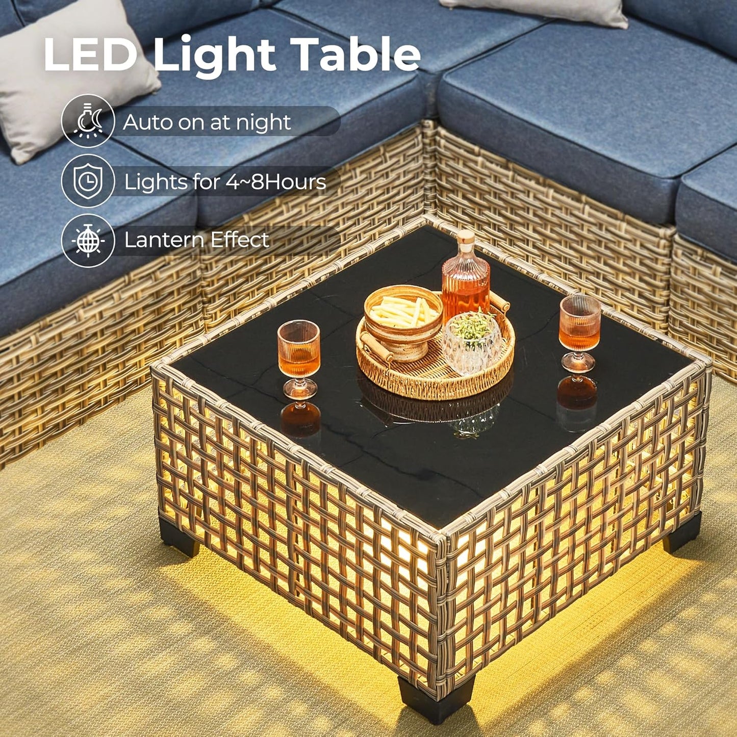 HOOOWOOO Outdoor Sectional Patio Furniture Set with Fire Pit Table,15 Pieces Wicker Conversation Sets L Shaped Couch,Extra Deep Out Door Sofa Outside Furniture with Swivel Chairs Ottoman,Denim Blue